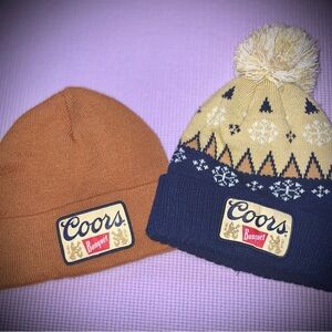 Coors Beer Beanie Set in Brown and Navy/Yellow